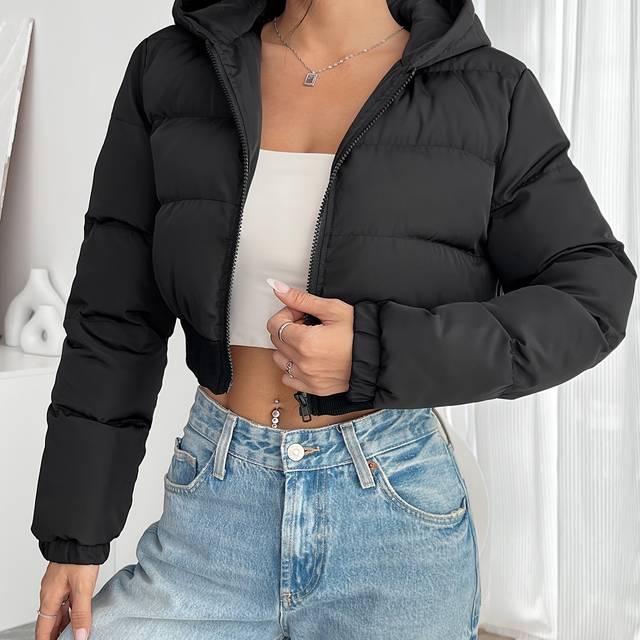 TEMU Women's Elegant Black Cropped Puffer Jacket - Long Sleeve, Zip-up, Polyester, Casual Winter Style, Compact & Warm For Autumn And Winter