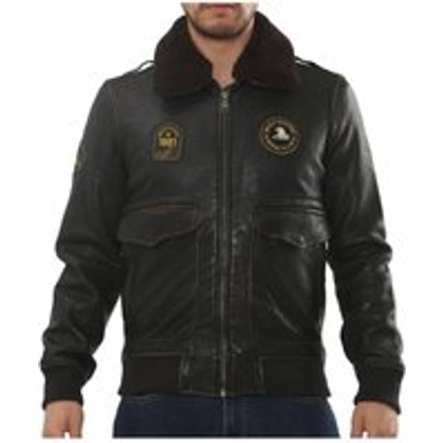 TruClothing Men's Leather Bomber Jacket Fur Collar Aviator Coat in Black | Size: Small
