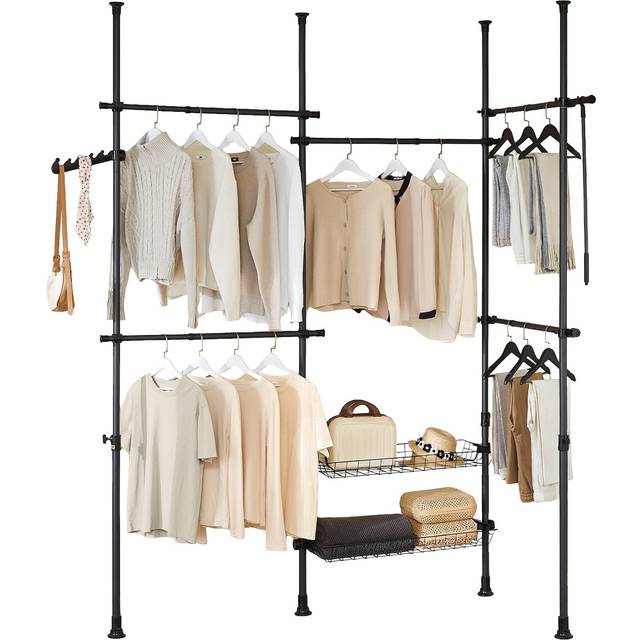 Modern Telescopic Clothes Rail with Shelves - Black