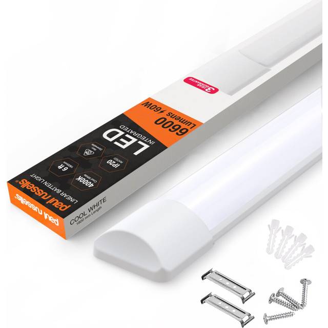 paul russells 6ft LED Batten, Ceiling Fitting Tube Light, 4000K Cool White, 60W, 6600 Lumens, Light for Office, Bathroom, Kitchen, Garage, Warehouse
