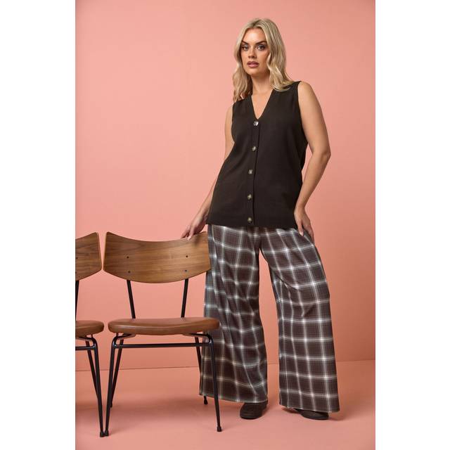 Yours Plus Size Chocolate Brown Check Crepe Wide Leg Trousers Size 16