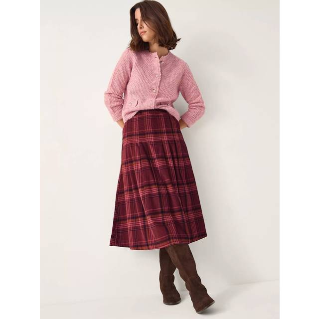 Monsoon Charly Cotton Checked Midi Skirt, Burgundy