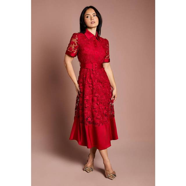 Coast Petite Satin Trim Lace Shirt Midi Dress In Red - red - 6