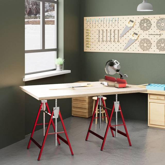 Homcom Set Of 2 Steel Saw Horses Telescopic Builders Work Bench Folding Red - One Size