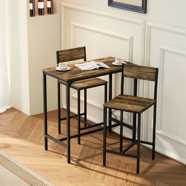 Bar Table and Stools Set Kitchen Table and 2 Chairs with Backrest Footrest