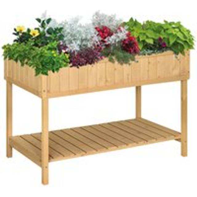 Fir Wood Raised Rectangular 8 Compartment Plant Stand Oak Tone