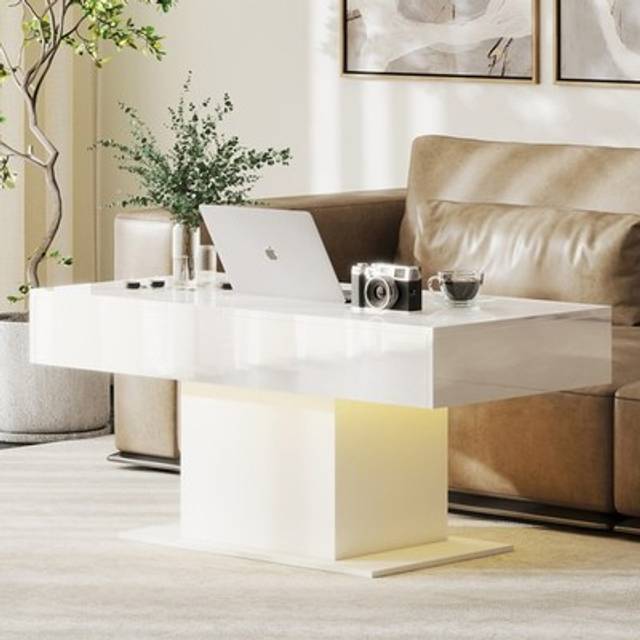 HOMCOM Extendable Coffee Table with LED Lights and Storage - High Gloss White