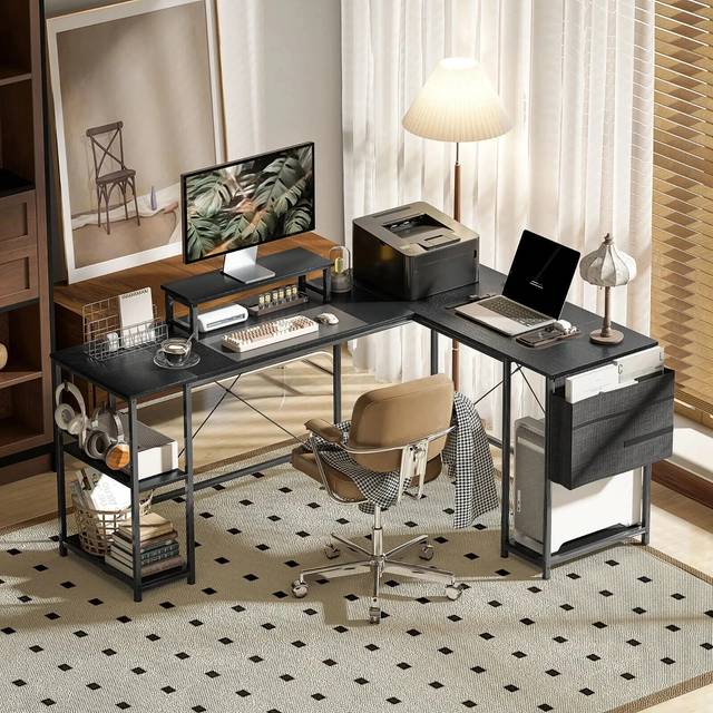 Homcom 168cm Reversible L Shaped Desk, 240cm Two Person Desk, Black
