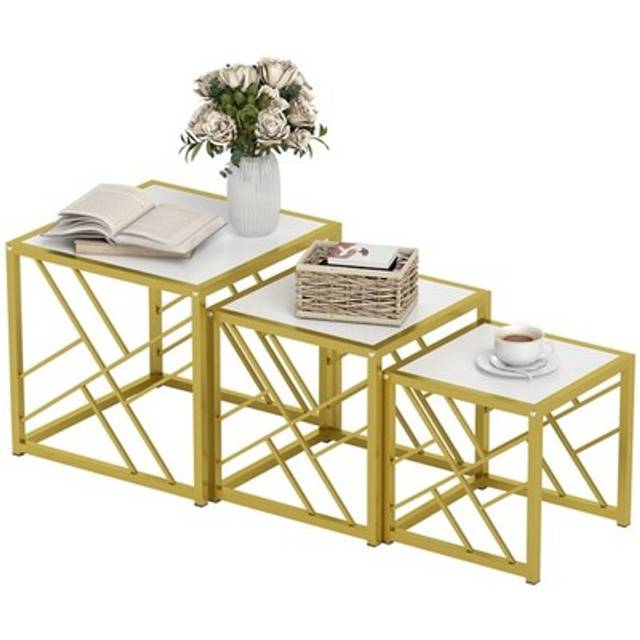 Homcom Set Of 3 Nesting Coffee Tables Square End Tables W/ Metal Frame White