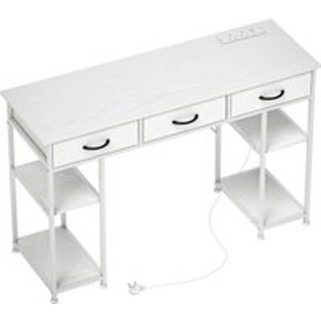 HOMCOM 120cm Computer Desk with Power Outlets, Office Desk Study Table with 3 Fabric Drawers and 4 Storage Shelves, White