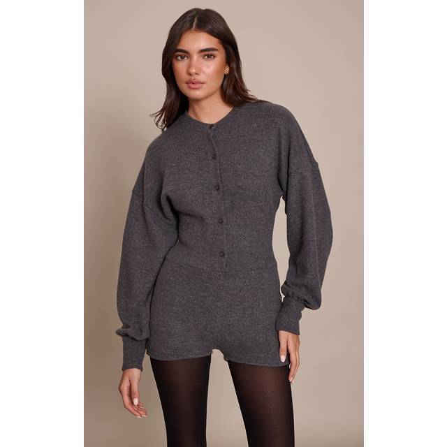 Grey Ribbed Button Up Unitard - 14