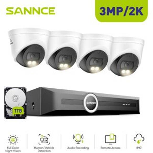 SANNCE 3MP 8CH PoE CCTV Security Cameras System with Full Colour Night Vision Audio Recording IP67