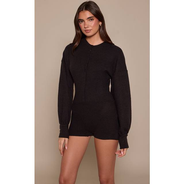 Black Ribbed Button Up Unitard - 4