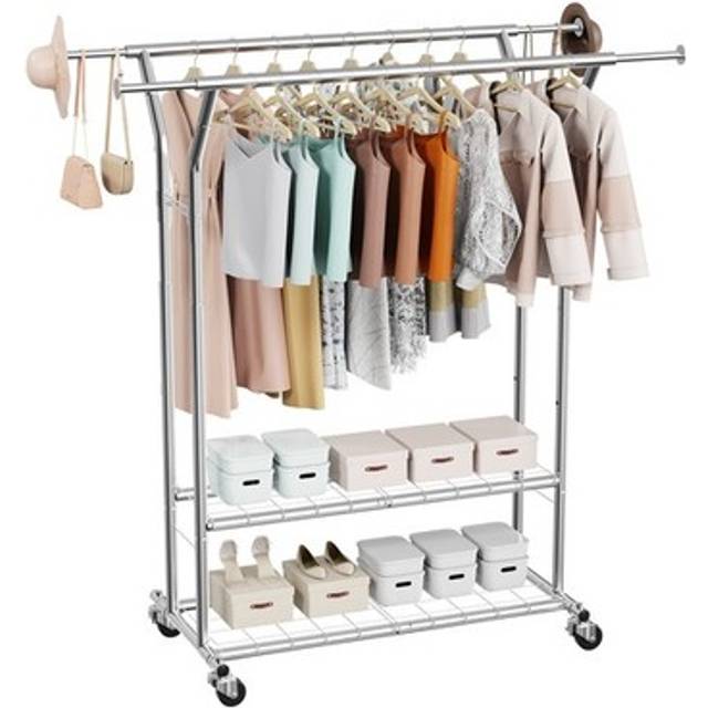 VEVOR Clothes Rack, Rolling Clothing Garment Rack with 2 Hanging Rods and 2 Storage Shelves, 120 kg Load Capacity, Adjustable Height Carbon Steel Clothing Racks for Bedroom, Laundry, Living Room
