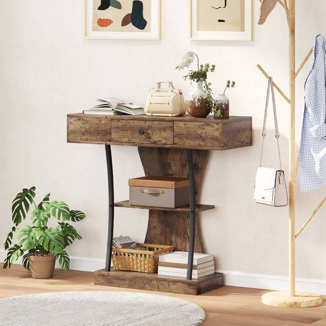 HOMCOM Console Table Hallway Table with Storage Shelves, Rustic Brown - Console Table - Rustic brown finish - 1