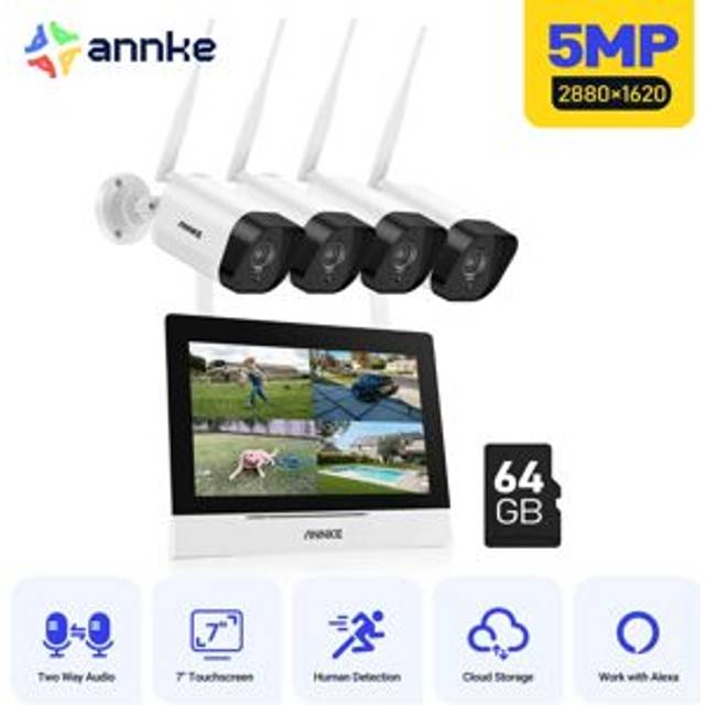 Annke - 7-inch 5MP Wireless Security Camera System with 100ft Night Vision Motion Detection Two-Way Audio IP66