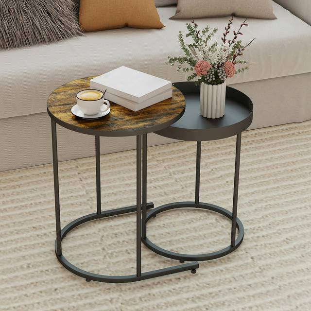 Nesting Side Table Set of 2 Industrial Round Nest of Tables Brown