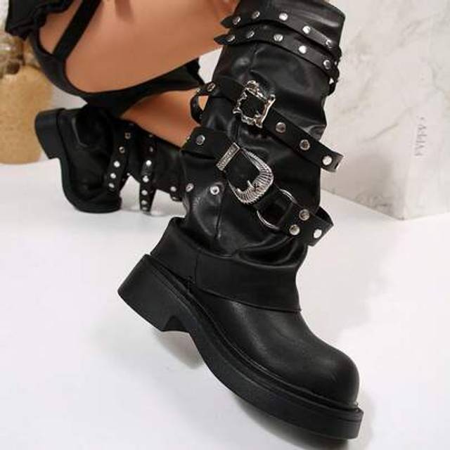 SHEIN 2025 New Punk Style Retro Round Toe Thigh High Boots With Rivets, Fall, Winter, Mid-Calf Boots, Sock Boots, Autumn, Knight Boots With Thick Soles,Part