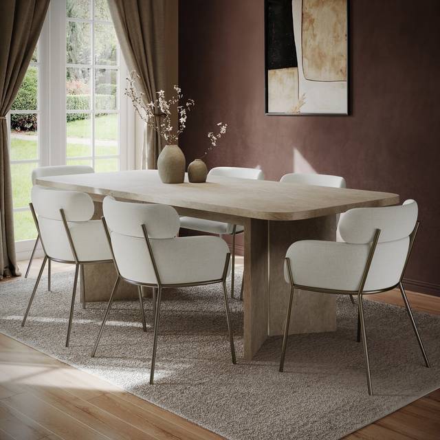 Beige Marble Effect Pillar Extendable Dining Table - Seats 6 - 8 - Geneva