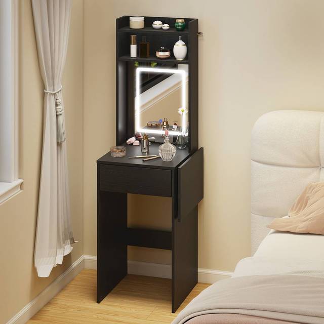 Homcom Compact Dressing Table With Lighted Mirror Open Shelves Drawer Black - One Size
