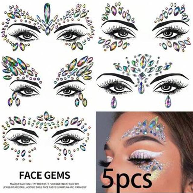 SHEIN 1/5 Sheets Mixed Design Rhinestone Face Temporary Tattoos - Festival Accessories, Random Color & Style Diamond Acrylic Resin Stickers, Waterproof For