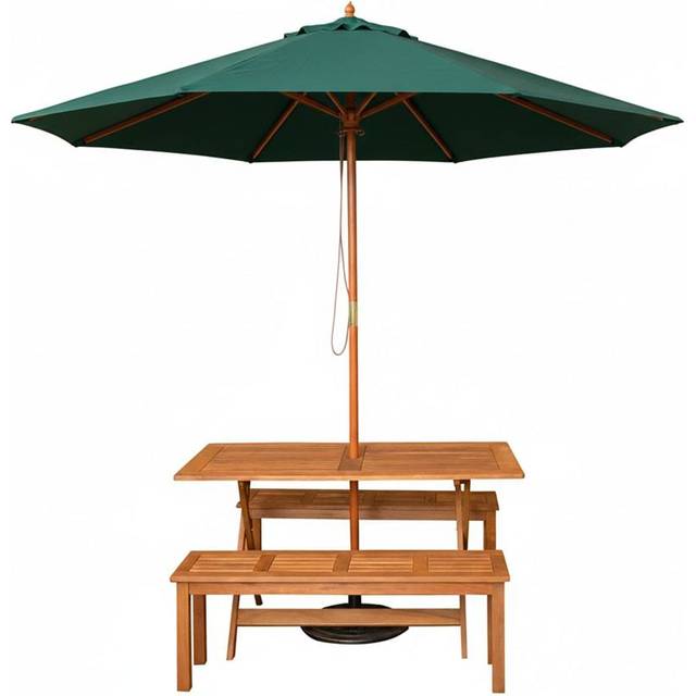 SAMUEL ALEXANDER Outdoor 4 Person Rectangular Wooden Garden Dining Table, 2 Benches with Green Parasol and Base Set