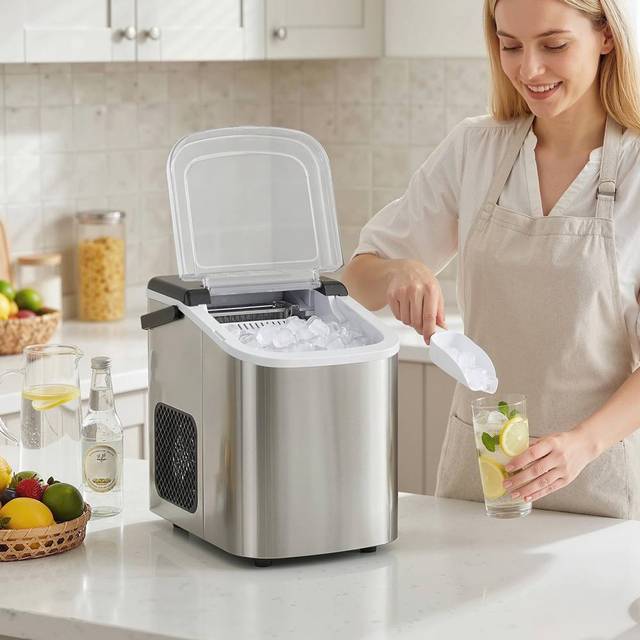 HOMCOM Ice Maker Machine Countertop, 9 Cubes Ready in 7 Mins, 12 KG in 24Hrs, Silver