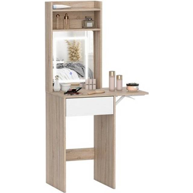 Homcom Compact Dressing Table With Lighted Mirror Open Shelves Natural Wood