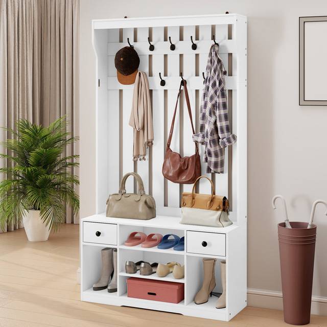 Coat Rack With Shoe Bench, 3-In-1 Hallway Furniture With 9 Hooks, White,100W×35D×180Hcm (180cm H X 100cm W X 35cm D)