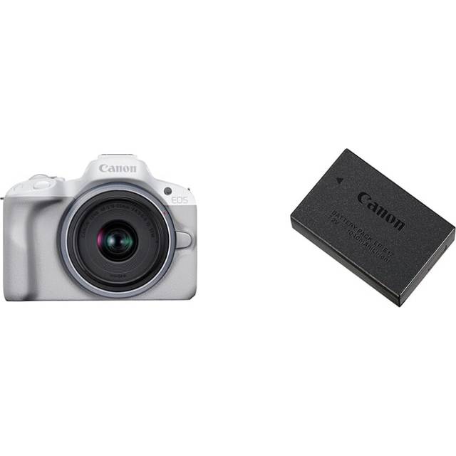 Canon EOS R50 Mirrorless Camera (White) + RF-S 18-45mm F4.5-6.3 IS STM Lens - 24.2MP, APS-C, 15fps & LP-E17 Battery Pack for EOS M3