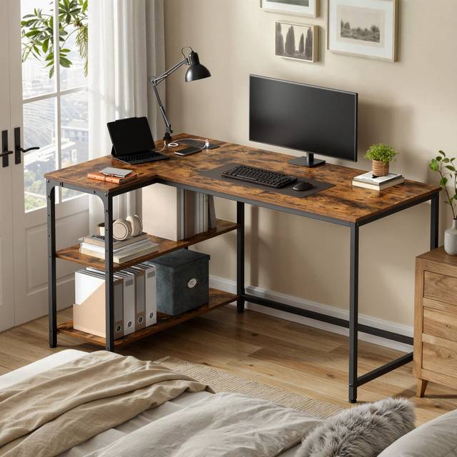 Corner Computer Desk With Power Outlets, L-Shaped Desk With Storage Shelves, For Study Or Office, Brown