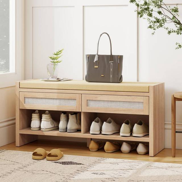 Homcom Shoe Bench With 2 Rattan Drawers Cushion Oak Wood Effect - One Size