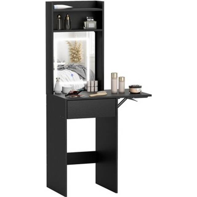 Homcom Compact Dressing Table With Lighted Mirror Open Shelves Drawer Black