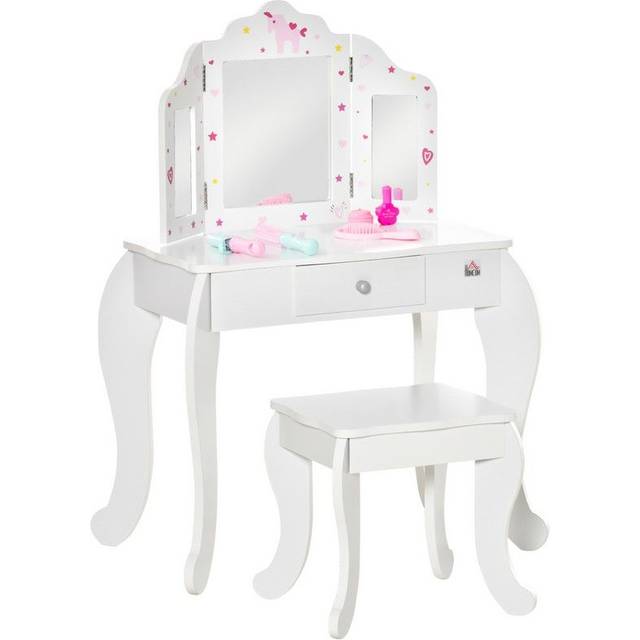 Homcom Kids Vanity Table & Stool Girls Dressing Set Make Up Desk Chair Dresser Play Set With Rotatable Mirrors Drawer Star & Heart Pattern White
