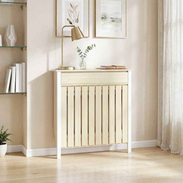 HOMCOM Radiator Cover with Drawer and Vertical Slats - Oak