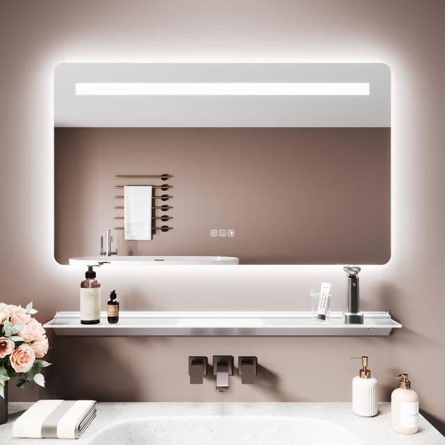 Rectangle LED Bathroom Mirror & Triangular LED Shelf Set, Anti-Fog, Dimmable, IP44 Waterproof, UKCA/CE Certified - White (60" x 100")