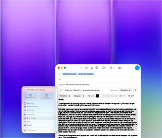 MacBook Neo screen, using Apple Intelligence Writing Tools in Mail to revise a long paragraph in an email containing feedback on a publication