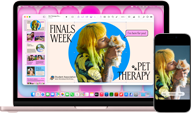 MacBook Neo, blush color, next to iPhone, MacBook Neo screen shows presentation titled Finals Week Pet Therapy with photo of a person holding a guinea pig, iPhone screen shows same photo, which has been turned into a sticker to use in presentation